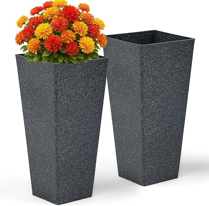 28" Tall Planters Set of 2, Oversized Terrazzo-Look PP Outdoor Pots for Plants, Versatile Indoor/Outdoor Flower Pots w/Drainage Hole for Patio, Garden, Porch & Living Room Decor, Ideal Gift