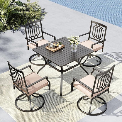 MFSTUDIO 5 PCS Metal Outdoor Patio Furniture Dining Set, 4 Metal Swivel Chairs and Square Dining Table with Umbrella Hole, Black