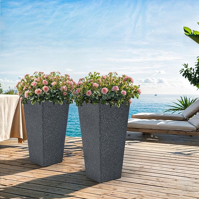 28" Tall Planters Set of 2, Oversized Terrazzo-Look PP Outdoor Pots for Plants, Versatile Indoor/Outdoor Flower Pots w/Drainage Hole for Patio, Garden, Porch & Living Room Decor, Ideal Gift