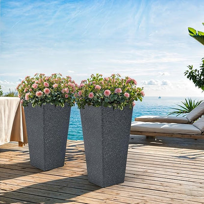 28" Tall Planters Set of 2, Oversized Terrazzo-Look PP Outdoor Pots for Plants, Versatile Indoor/Outdoor Flower Pots w/Drainage Hole for Patio, Garden, Porch & Living Room Decor, Ideal Gift