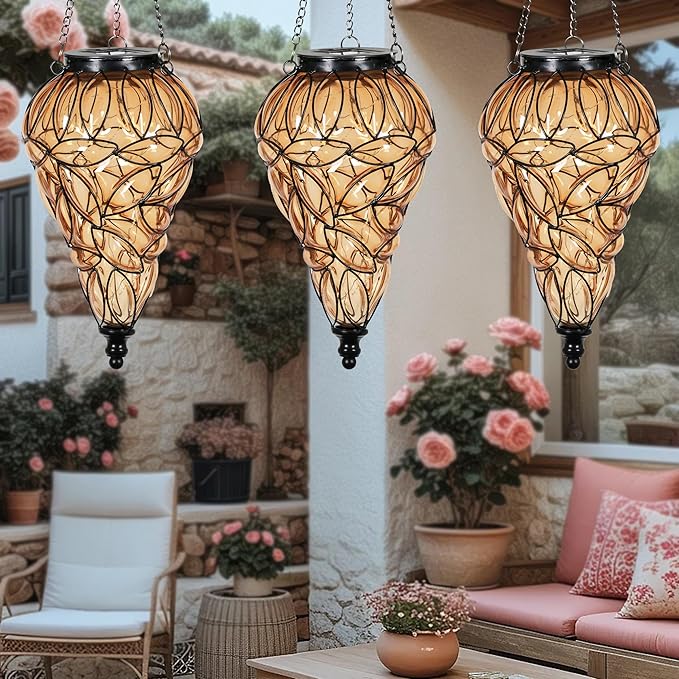 Solar Hanging Lantern Outdoor Garden Lights, Tear-Shaped Glass and Metal Hanging Lantern, 15 Firefly LED Lights, 7 x 24 Inch (Amber)