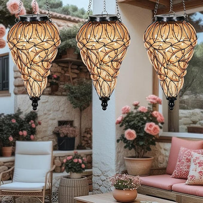 Solar Hanging Lantern Outdoor Garden Lights, Tear-Shaped Glass and Metal Hanging Lantern, 15 Firefly LED Lights, 7 x 24 Inch (Amber)