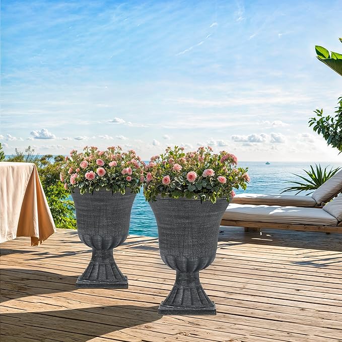 22" Tall Planters Set of 2, Washed Black Urn Outdoor Pots for Plants, Versatile Indoor/Outdoor Flower Pots w/Drainage Holes for Patio, Garden, Porch & Living Room Decor, Ideal Gift