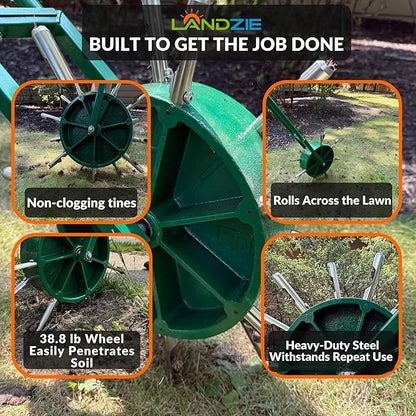 Landzie AeroCore Duo Rolling Lawn Aerator – Manual Core Plug Aerator with Chamfered Hollow Tines – Heavy-Duty 38.8 Pound Wheel Aerator Lawn Tool – Push Yard Aerator Aeration Tool