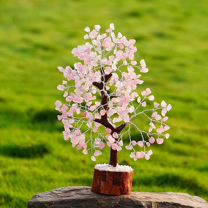 7 Chakra Money Tree Healing Feng Shui Statues & Figurines Reiki Crystal Balancing Buddha Home Décor (Rose Quartz Silver)