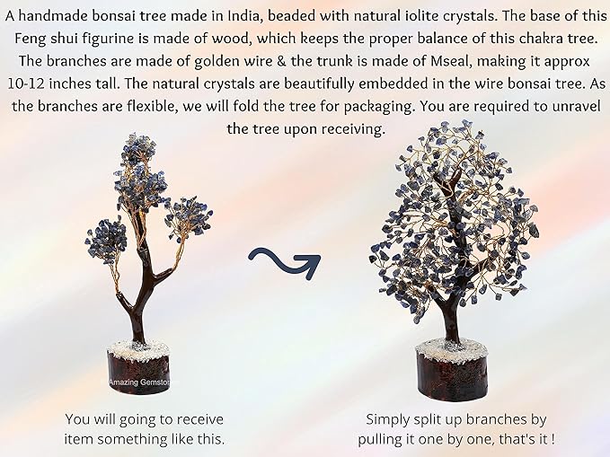 Iolite Natural Healing Premium Crystal Bonsai Feng Shui Fortune Money Tree of Life for Home Office Decor (Gift Box Ready,10-12 Inch)
