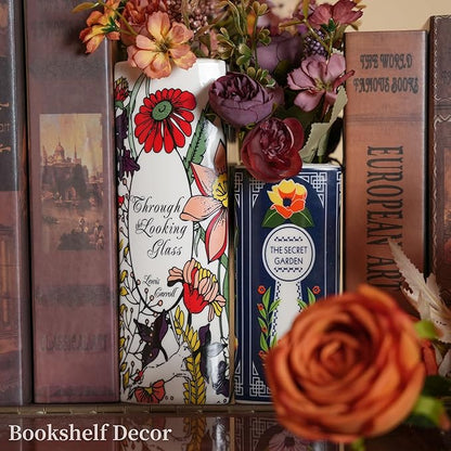 Ceramic Book Vase for Flowers, Home Decor, Cute Bookshelf Accent, Lovers Gifts, Unique Home/Bedroom/Office Decor (Small - Secret Garden)
