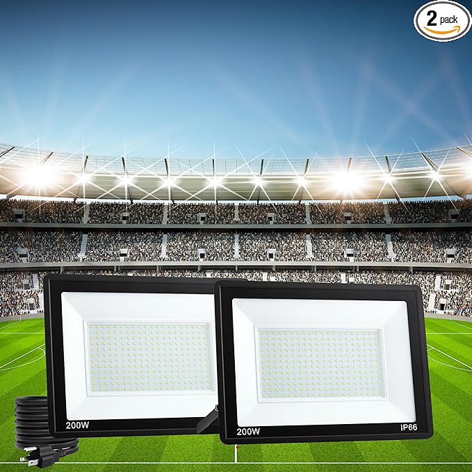 2 Pack 200W LED Flood Lights Outdoor, 25000 LM Super Bright Outdoor Lights, IP66 Waterproof LED Work Light, 6000K Daylight White Floodlights for Stadium Yard Garden Playground