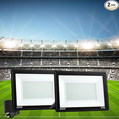 2 Pack 200W LED Flood Lights Outdoor, 25000 LM Super Bright Outdoor Lights, IP66 Waterproof LED Work Light, 6000K Daylight White Floodlights for Stadium Yard Garden Playground