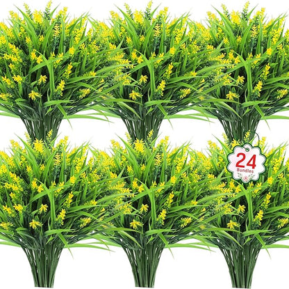 Ouddy Decor 24 Bundles Artificial Flowers for Outdoors, Fake Lavender Flowers Monkey Grass Faux Plastic Plants Shrubs UV Resistant for Porch Garden Window Box Office Home Decorations, Yellow