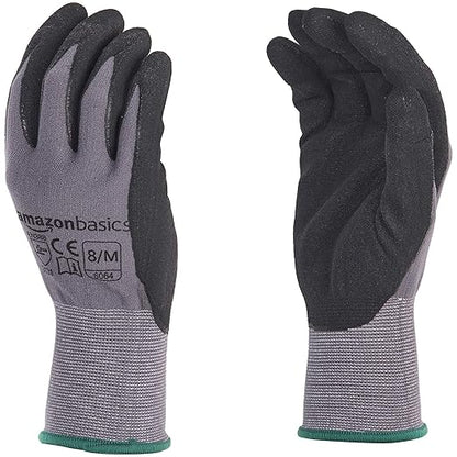 Amazon Basics Micro-Foam Nitrile Coated Work Gloves, Nylon Liner Fiber, Touch Screen, Size 8/M, 12 Pairs, Grey