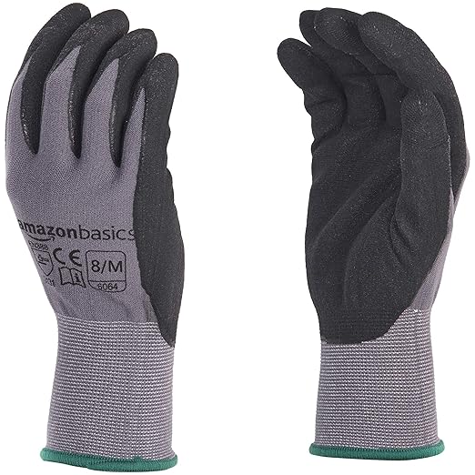 Amazon Basics Micro-Foam Nitrile Coated Work Gloves, Nylon Liner Fiber, Touch Screen, Size 8/M, 12 Pairs, Grey