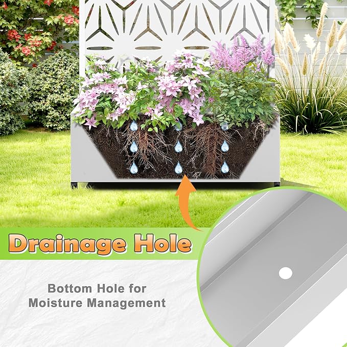 Metal Raised Garden Bed with Trellis, 2-in-1 Planter Box & Privacy Screen for Climbing Plants, Outdoor Standing Flower Bed with Drainage Holes, 35.4" L x 15.7" W x 70.1" H, White-Star