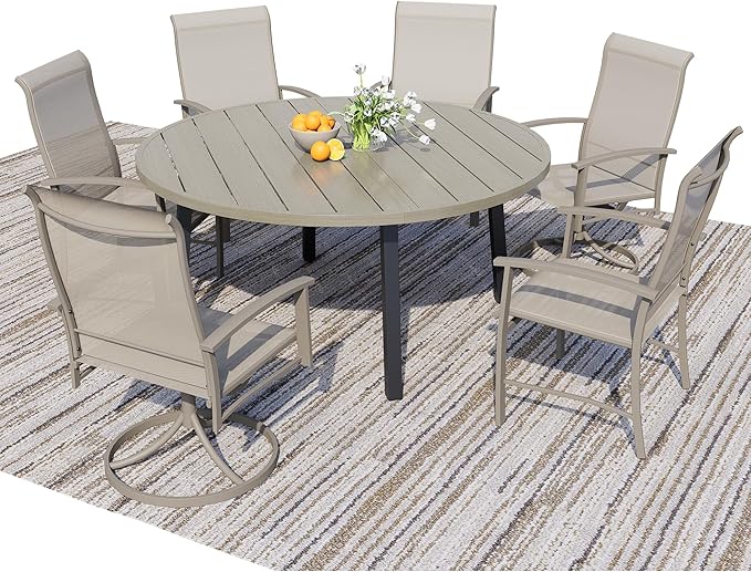 7 Piece Outdoor Dining Set, 47" Ivory Beige Round Outdoor Dining Table with 2 Ivory Beige Swivel Outdoor Dining Chairs and 4 Fixed Patio Table and Chair Set of 6 for Lawn, Garden, or Porch