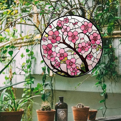 Stained Glass Window Hanging - Cherry Blossoms Birth Flower Suncatcher for Door Garden Patio Sun Catchers Decor Christmas Mother's Day Birthday Gifts for Women Mom Nana Friend Wife 6.3 in
