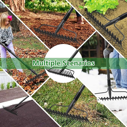 63 inch Bow Rake,2-in-1 17 Tooth Rake for Leaves Portable and Adjustable for Gardening Leaves Loosening Soil Leveling Lawn Farming Land Management Yard