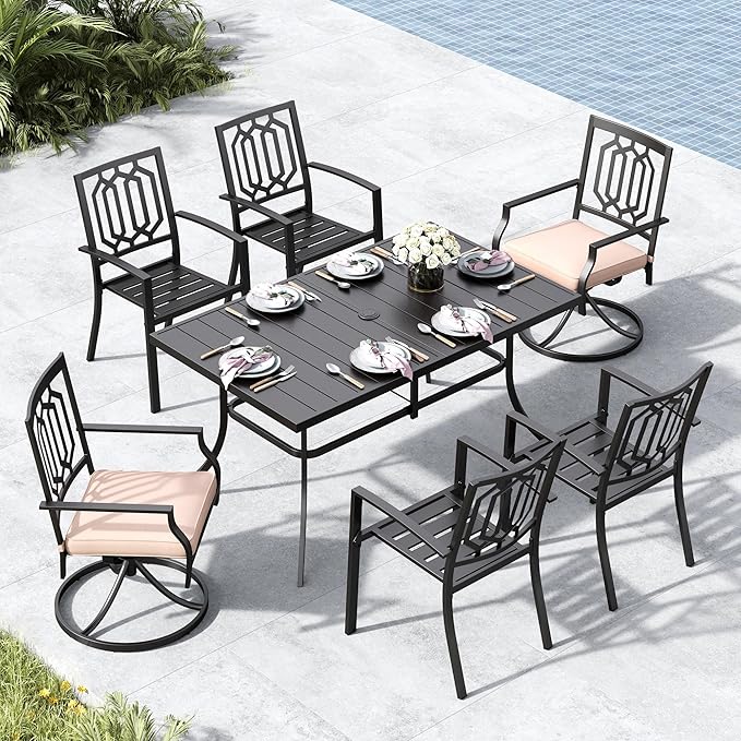 MFSTUDIO Patio Dining Set for 6, Outdoor Table and Chairs Set with Umbrella Hole, 7 Piece Outdoor Dining Set for Deck Backyard Poolside Garden