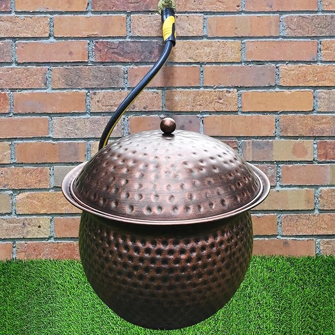 BSTGIFTS Garden Hose Holder Pot with Lid - Hose Storage Pot with Copper Finish and Hammered Accent - Stell Water Hose Container, Water Hose Hider Outdoor or Indoor Use