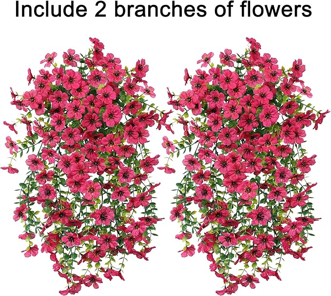 HyeFlora Artificial Flowers for Outdoors Fake Hanging Decoration, 2Pcs Hotpink Spring Decor, Realistic Plants, UV & Fading Resistant Silk Flower for Porch Patio Balcony Planter Yard