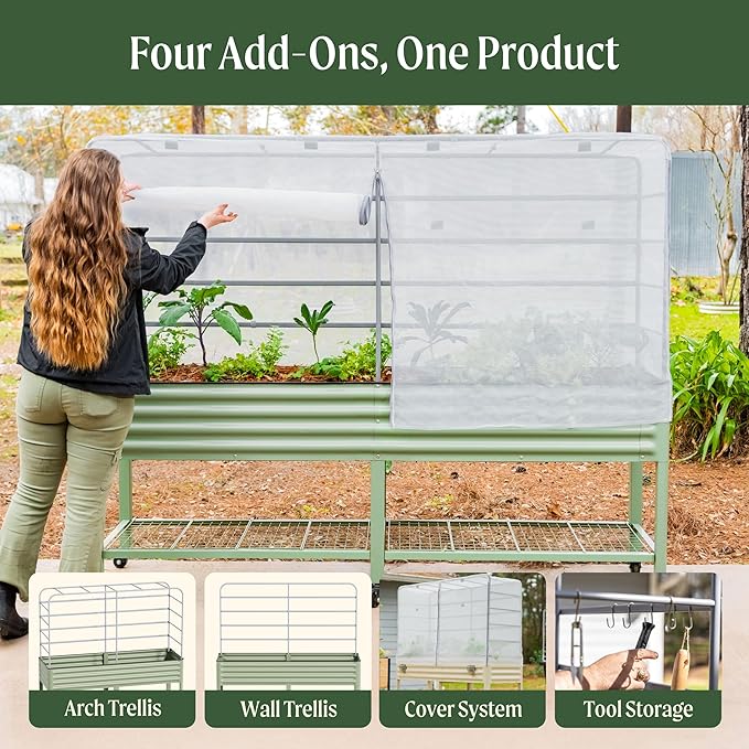 Vego garden Mesh Cover System for 2' x 8' Elevated Raised Garden Bed-V Series, 4 in 1 Trellis and Cover for Plants, Garden Bed Not Included