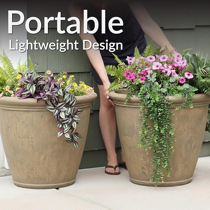 Sunnydaze 24-Inch Anjelica Large Plastic Pot for Plants - Double-Walled Outdoor Polyresin Round Planter Porch Pot with Drillable Drainage Holes - Beige - 4pk