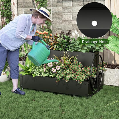 Metal Wagon Planter Box, 3-Tier Garden Planter with Wagon Wheels, Decorative Outdoor Planters for Flowers Herbs Vegetables, Flower Cart Small Raised Garden Bed for Patio, Balcony (Black)