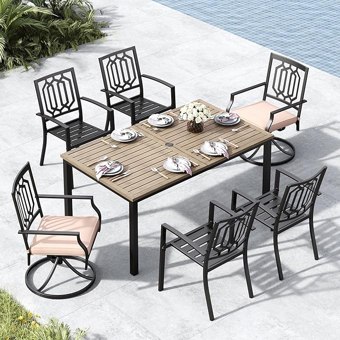 MFSTUDIO Outdoor Dining Set for 6, Metal Patio Table and Chairs Set with Umbrella Hole, 7 Piece Patio Dining Set with Stackable and Swivel Chairs