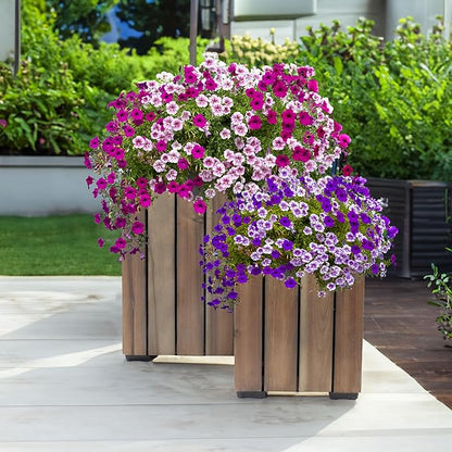 Sunnydaze Indoor/Outdoor Wooden Planter Boxes - 2 Acacia Wood Square Plant Pots with Plastic Liners - Anthracite Stain