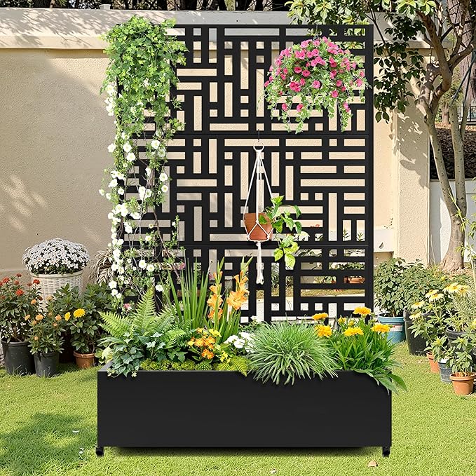 Metal Raised Garden Bed with Trellis, 2-in-1 Planter Box & Privacy Screen for Climbing Plants, Outdoor Standing Flower Bed with Drainage Holes, 47.2" L x 16.7" W x 70.8" H, Black-Helen