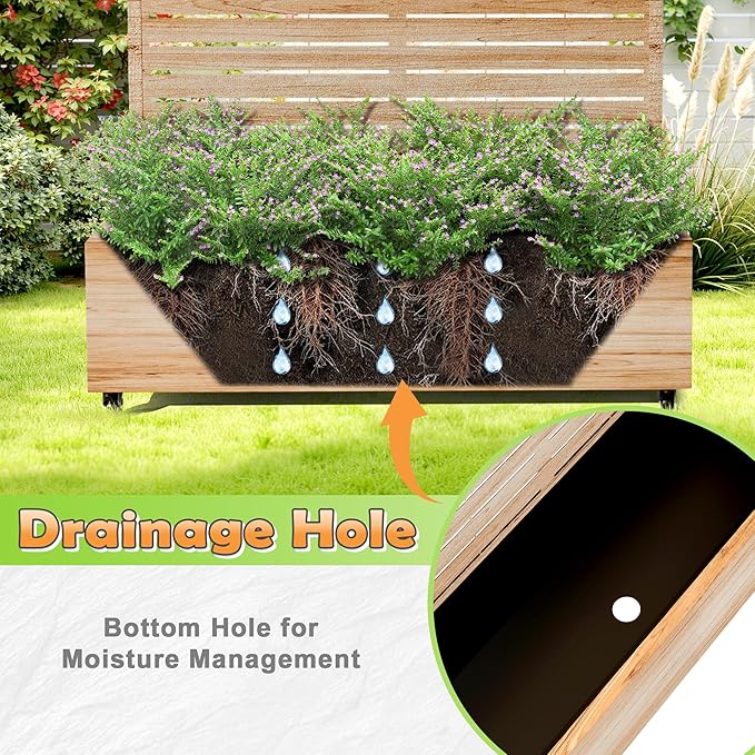 Metal Raised Garden Bed with Trellis, 2-in-1 Planter Box & Privacy Screen for Climbing Plants, Outdoor Standing Flower Bed with Drainage Holes, 47.2" L x 16.7" W x 70.8" H, Acacia Wood Grain-Louvered