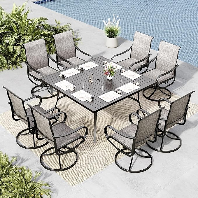 MFSTUDIO Patio Dining Set for 8, Patio Table and Chairs Set for Deck/Backyard/Poolside/Garden, 9 Piece Outdoor Dining Set with Umbrella Hole