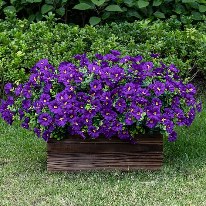Lnoicy Artificial Flowers for Outdoor 12 Bundles Eucalyptus Fake Flowers for Planter,UV Resistant Fake Morning Glory for Home/Porch/Garden Decoration（Purple）