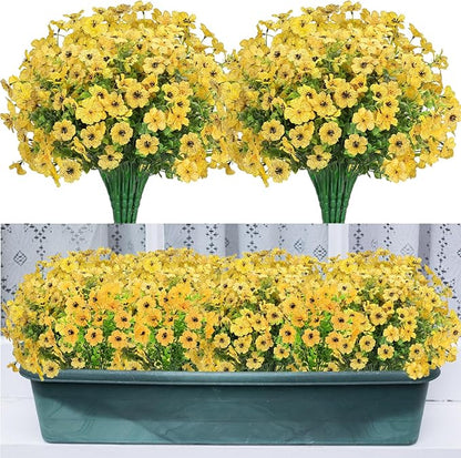 24 Bundles Artificial Flowers for Outdoors Decorations, Fake Flowers Artificial Plants Outdoor, Colorful Daisy Eucalyptus Realistic UV Resistant for Garden Patio Porch Home Decor, Yellow
