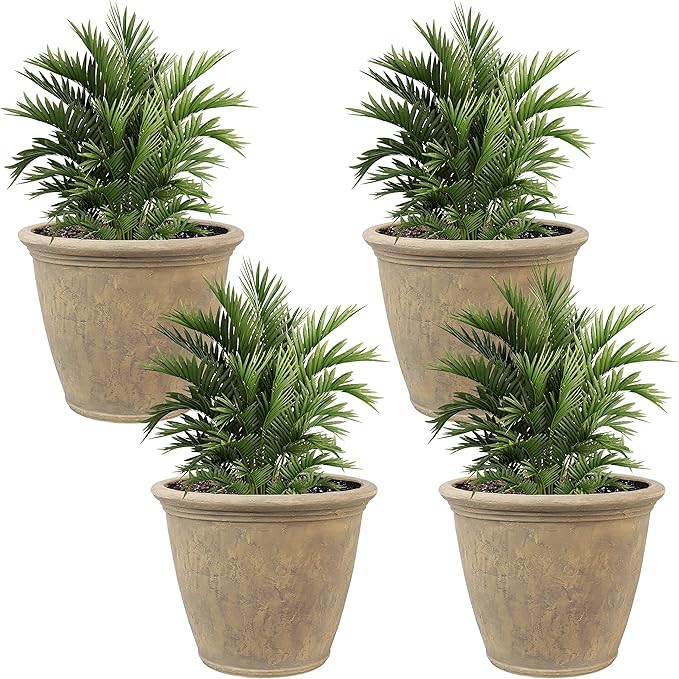Sunnydaze 24-Inch Anjelica Large Plastic Pot for Plants - Double-Walled Outdoor Polyresin Round Planter Porch Pot with Drillable Drainage Holes - Beige - 4pk