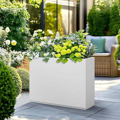 Rectangle Planter for Indoor & Outdoor, Tall and Long Planter Boxes with Drainage Holes, Mental Divider Planter Box All-Weather Use for Plants, Flowers, 35" L x 9" W x 26" H, White