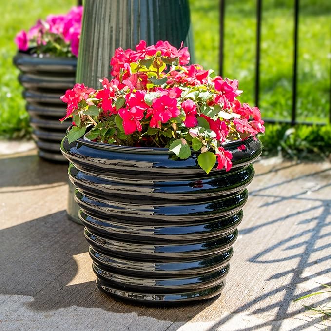 Sunnydaze Molly 12.5" Metal Outdoor Plant Pot Set with Drainage Holes and Rubber Plugs - Juniper Glaze - Set of 4