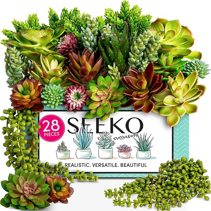 SEEKO Succulents Fake Succulents (28 Pack) – Premium Succulents Plants Artificial for Crafts - Large Assortment for Party, Garden, Home, Outdoor & DIY Floral Decor