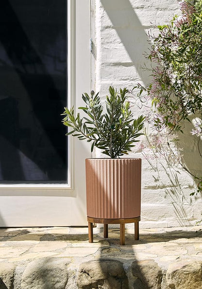 Veradek Demi Series Round Planter w/Stand for Porch/Patio | Durable Plastic-Stone Composite & Wooden Stand | Modern Décor for Tall Plants, Flowers