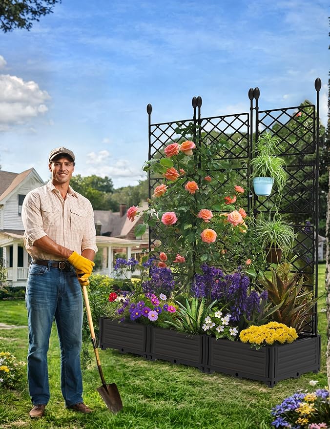 3 PCS Raised Garden Bed with Trellis, 50 in W x 63"Tall Plastic Planter Box for Climbing Plants, Outdoor Vertical Garden with Privacy Screen for Patio, Balcony, Backyard – Sturdy & Lightweight