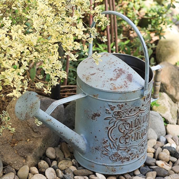 Vintage Metal Watering Can with Country Corner Floral Emboss & Wooden Handle Garden Distressed Blue Decorative Watering Pot Farmhouse Waterer for Home Garden Balcony Courtyard 2 Gallon