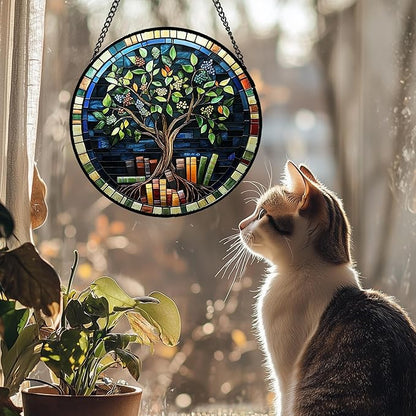 Stained Glass Window Hanging Green Life Tree Berry Book Large 15" - Blue Suncatcher Door Garden Sun Catcher Home Decor Birthday Christmas for Mom Men Woman Nana Friend