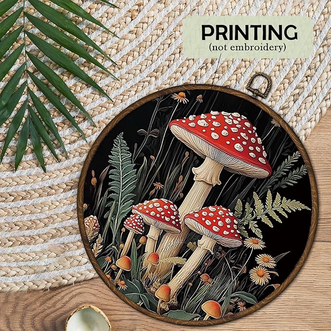 cvjutf Witchy Mushroom Wall Art Decor Framed, Dark Cottagecore Round Wall Decor, Mushroom Bathroom Decor, Farmhouse Fall Mushrooms Botanical Canvas Prints Art for Bedroom Kitchen Living Room, 10x10