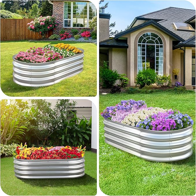 Sponvatt Raised Garden Bed Galvanized Planter Box Outdoor, 5ft Oval Large Rot-Resistant Metal Garden Bed Planter for Vegetables Flower Herb (Silver)