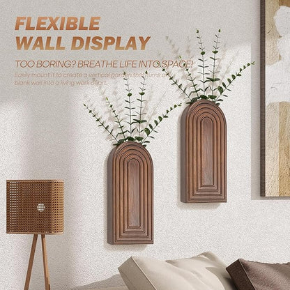 EOSAHR Pine Wood Set of 2 Wall Vases for Indoor Plants & Flowers – Farmhouse Wall Art for Living Room, Office and Home Decor – Hanging Planters with Boho Decor for Fake Plants (Brown)