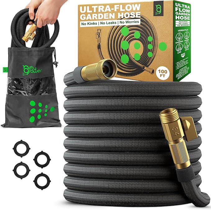 Easy to Use Garden Hose 100 FT, Lightweight and Leak-Proof Heavy-Duty Flexible Water Hose 100FT with Reinforced TPE Core, 3/4" Solid Brass Fittings, Ultra-Flow Manguera Para Jardin, Built to Last