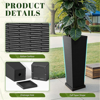 JUMMICO Set of 2 Resin Rattan Tall Planters for Outdoor Plants, Large Tapered Planters with Drainage Holes, Inner Trays and Outer Saucers, Flower Pots for Garden, Patio, Porch, Backyard (Black, 32")