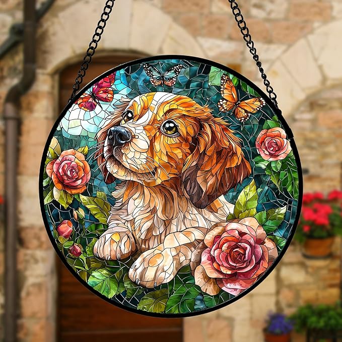 Stained Glass Window Hanging, Dog and Rose Suncatcher for Doors Home Butterfly Sun Catchers Decoration and Christmas, Mother's Day Birthday Gifts for Women, Men, and Mom 6.3 in
