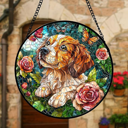 Stained Glass Window Hanging, Dog and Rose Suncatcher for Doors Home Butterfly Sun Catchers Decoration and Christmas, Mother's Day Birthday Gifts for Women, Men, and Mom 6.3 in