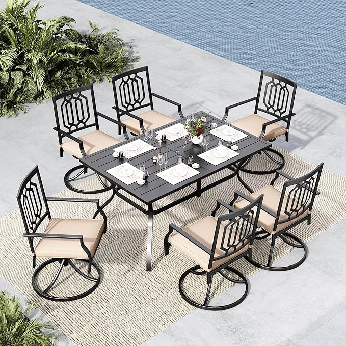 MFSTUDIO 7-Piece Metal Outdoor Patio Dining Furniture Set with 6 Swivel Armrest Chairs and Steel Frame Slat Larger Rectangular Table with 1.57 Umbrella Hole for Poolside, Porch, Backyard