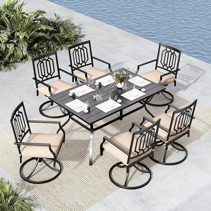 MFSTUDIO 7-Piece Metal Outdoor Patio Dining Furniture Set with 6 Swivel Armrest Chairs and Steel Frame Slat Larger Rectangular Table with 1.57 Umbrella Hole for Poolside, Porch, Backyard